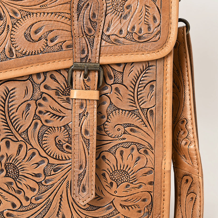 American Darling Western Hand-Tooled Genuine Leather Briefcase Bag with Floral Carving – Durable Work & Travel Organizer