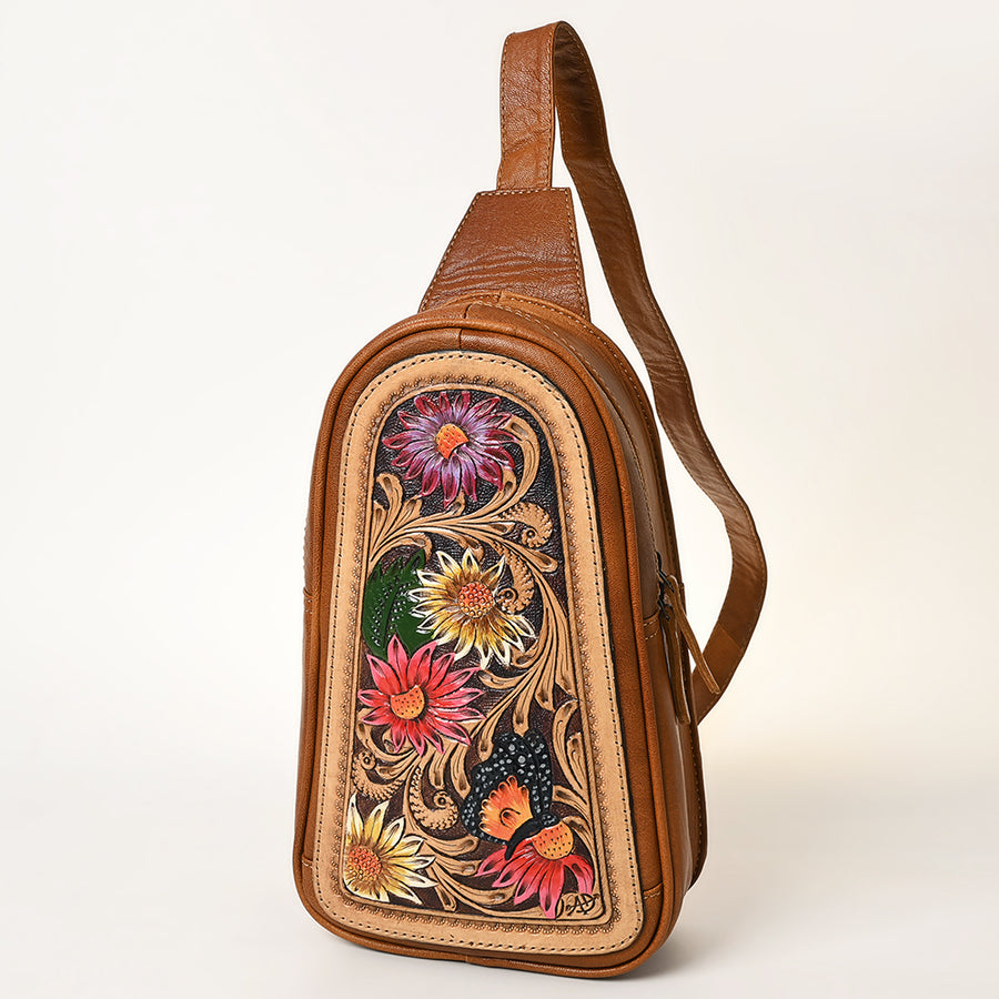 American Darling Hand-Tooled Leather Sling Bag – Genuine Leather Floral Carved Western Crossbody | 13in (H) X 8in (W) X 3in (D)
