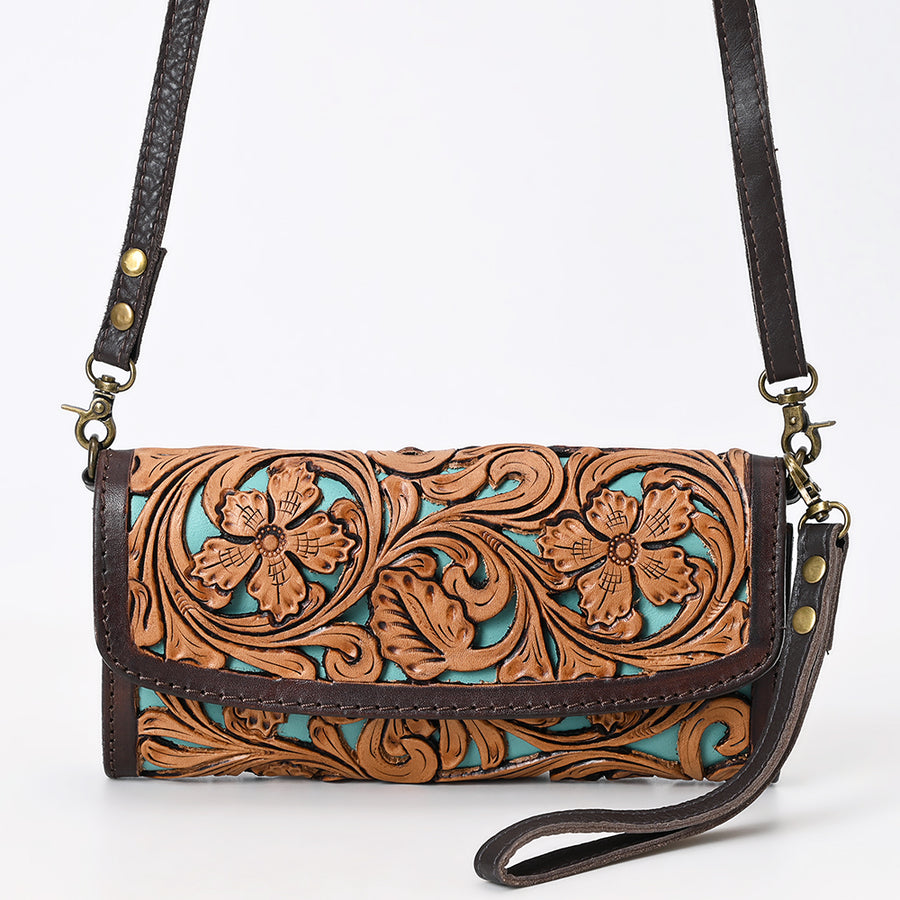 American Darling Western Leather Small Cross body Bag - Eco-Friendly Vegetable Tanned Full Grain Leather Hand Tooled Floral Carved Purse