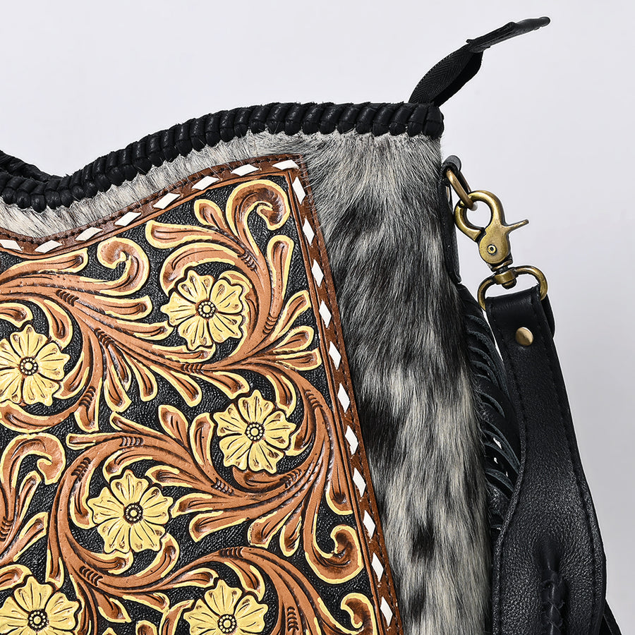American Darling Western Leather Hobo Bag - Full Grain Leather Hand Tooled Floral Carved Hair-On Cowhide Purse With Fringes