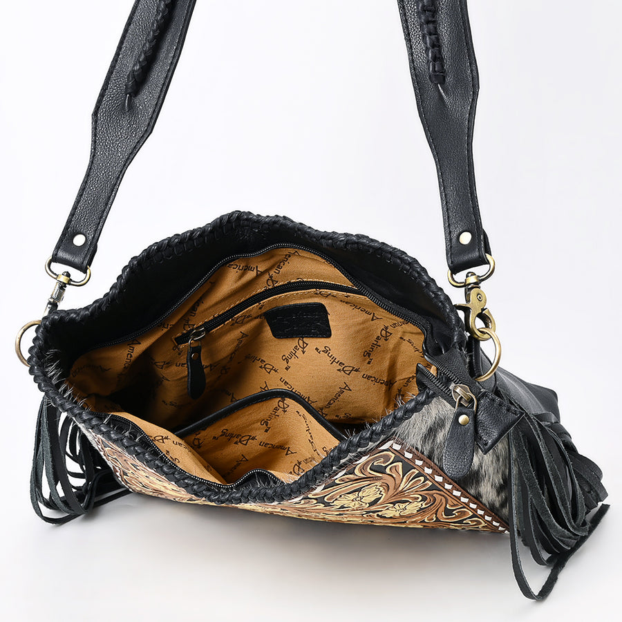 American Darling Western Leather Hobo Bag - Full Grain Leather Hand Tooled Floral Carved Hair-On Cowhide Purse With Fringes