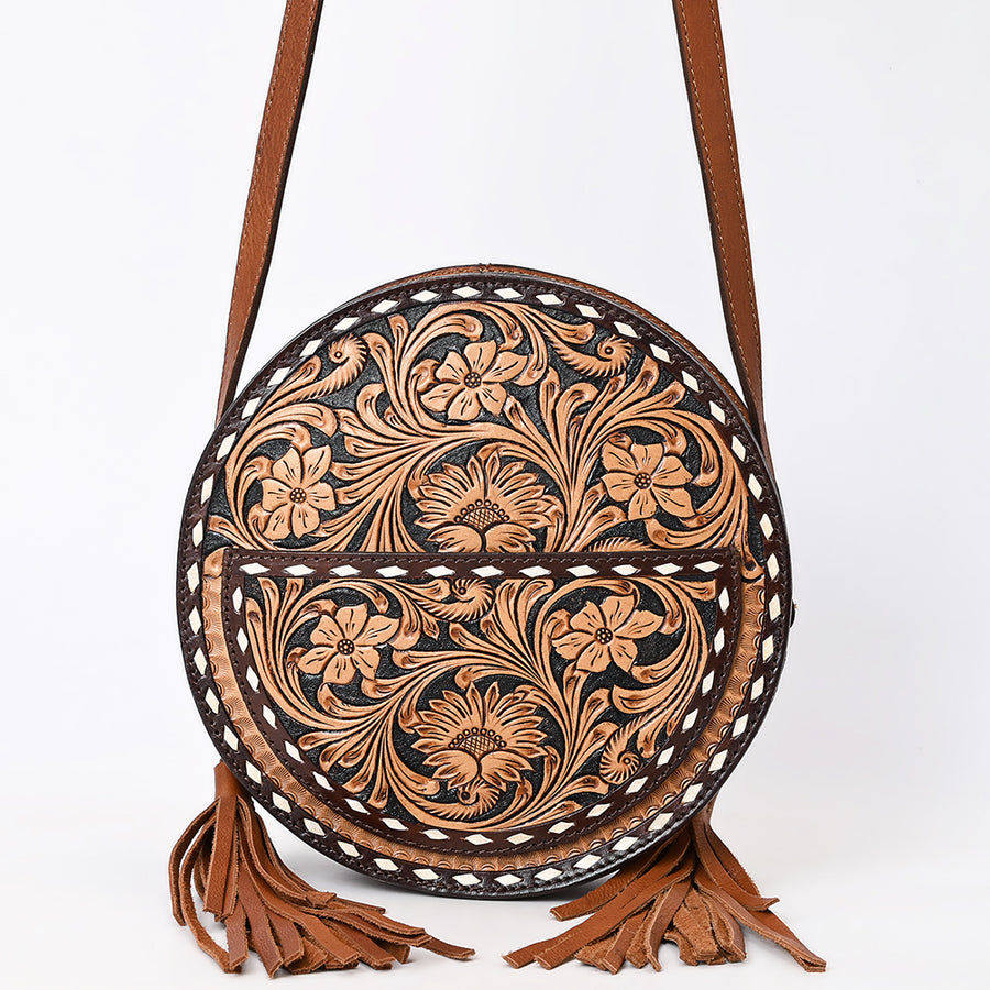 American Darling Western Leather Canteen Bag - Eco-Friendly Vegetable Tanned Full Grain Leather Hand Tooled Floral Carved Tassel Purse