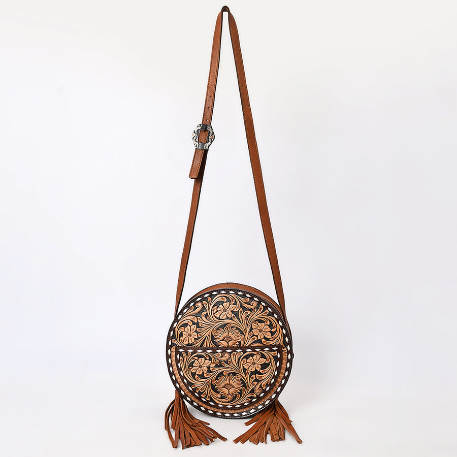American Darling Western Leather Canteen Bag - Eco-Friendly Vegetable Tanned Full Grain Leather Hand Tooled Floral Carved Tassel Purse