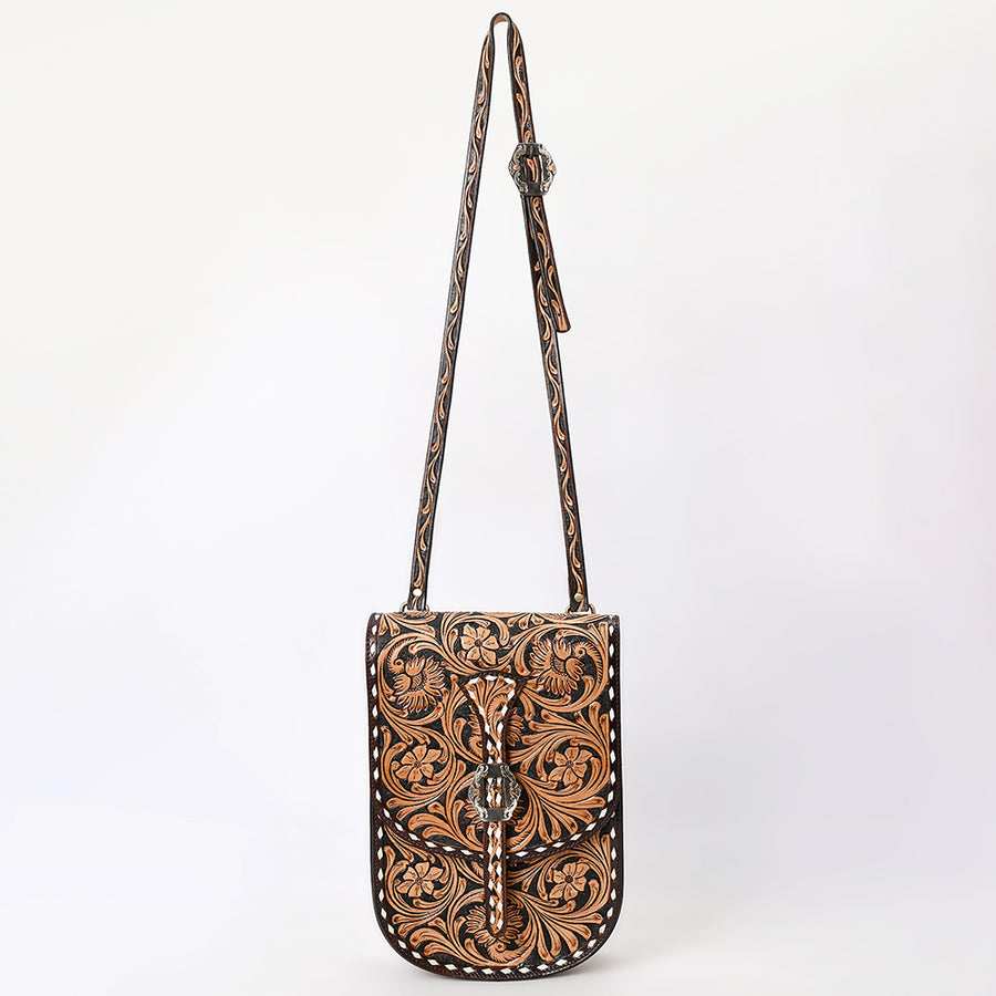 American Darling Western Leather Messenger Bag - Eco-Friendly Vegetable Tanned Full Grain Leather Hand Tooled Floral Carved Purse