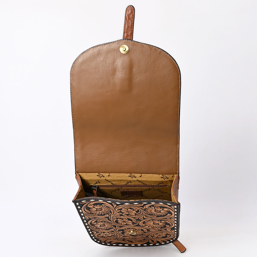 American Darling Western Leather Messenger Bag - Eco-Friendly Vegetable Tanned Full Grain Leather Hand Tooled Floral Carved Purse