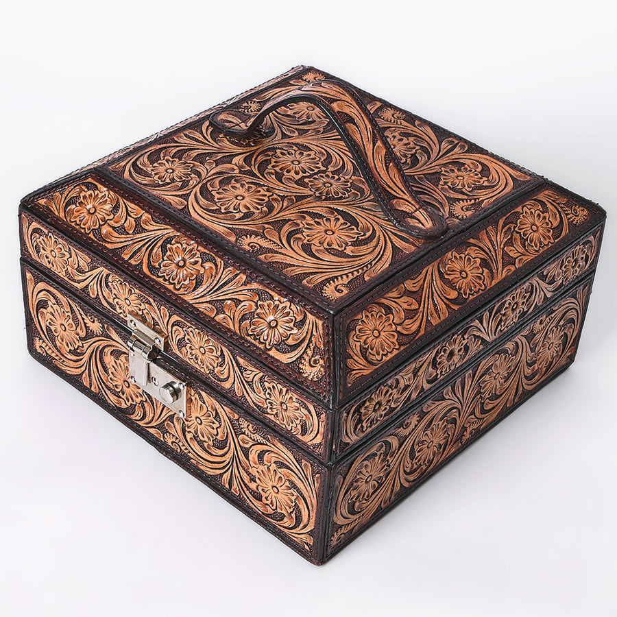American Darling Western Leather Jewelry Case - Eco-Friendly Vegetable Tanned Full Grain Leather Hand Tooled Floral Box