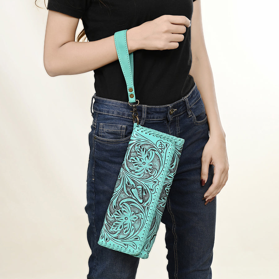 American Darling Hand-Tooled Leather Wallet Handbag – Genuine Leather, Floral Carved Design, Premium Western Women’s Clutch