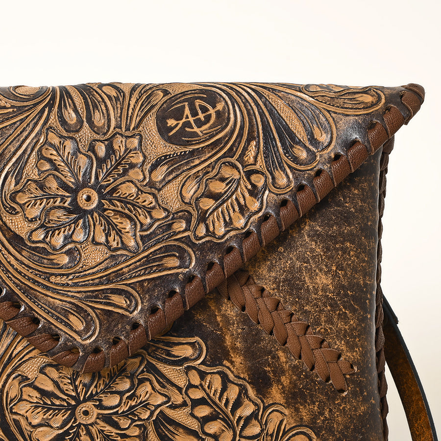 American Darling Hand-Tooled Genuine Leather Envelope Bag – Floral Carved Western Crossbody with Strap for Everyday Carry