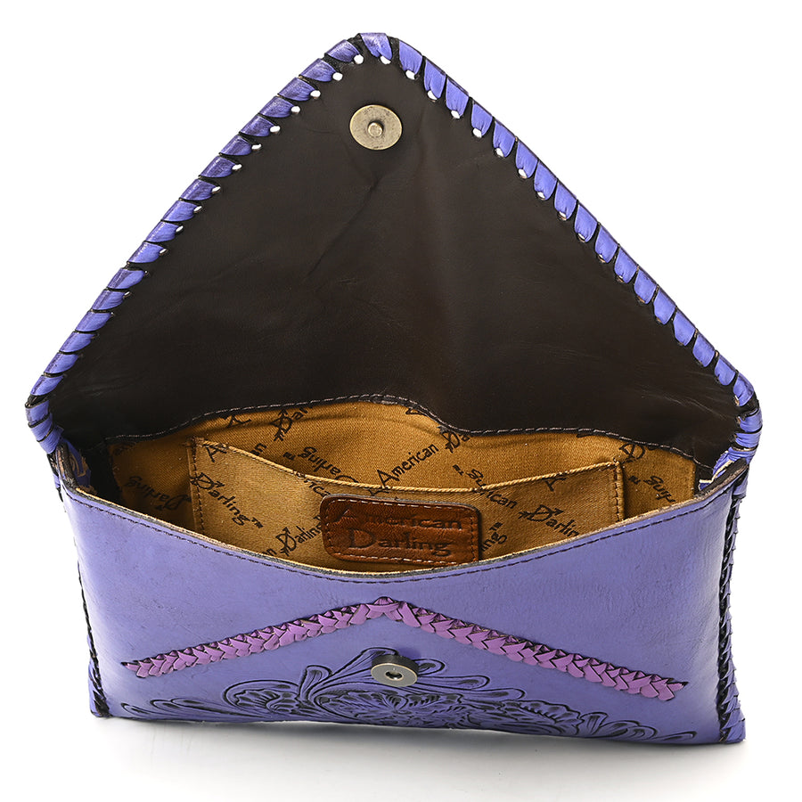 American Darling Hand-Tooled Genuine Leather Envelope Bag – Floral Carved Western Crossbody with Strap for Everyday Carry