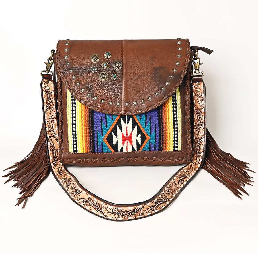 American Darling Western Leather Cross body Bag - Full Grain Leather Hand Woven Saddle Blanket Hand Tooled Floral Purse