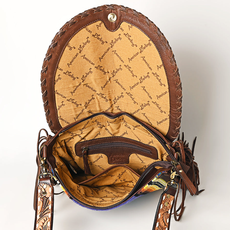 American Darling Western Leather Cross body Bag - Full Grain Leather Hand Woven Saddle Blanket Hand Tooled Floral Purse