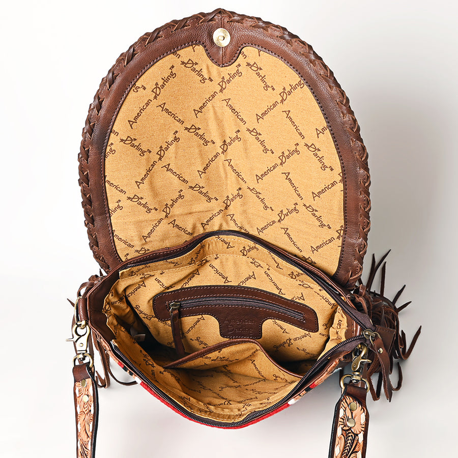 American Darling Western Leather Cross body Bag - Full Grain Leather Hand Woven Saddle Blanket Hand Tooled Floral Purse