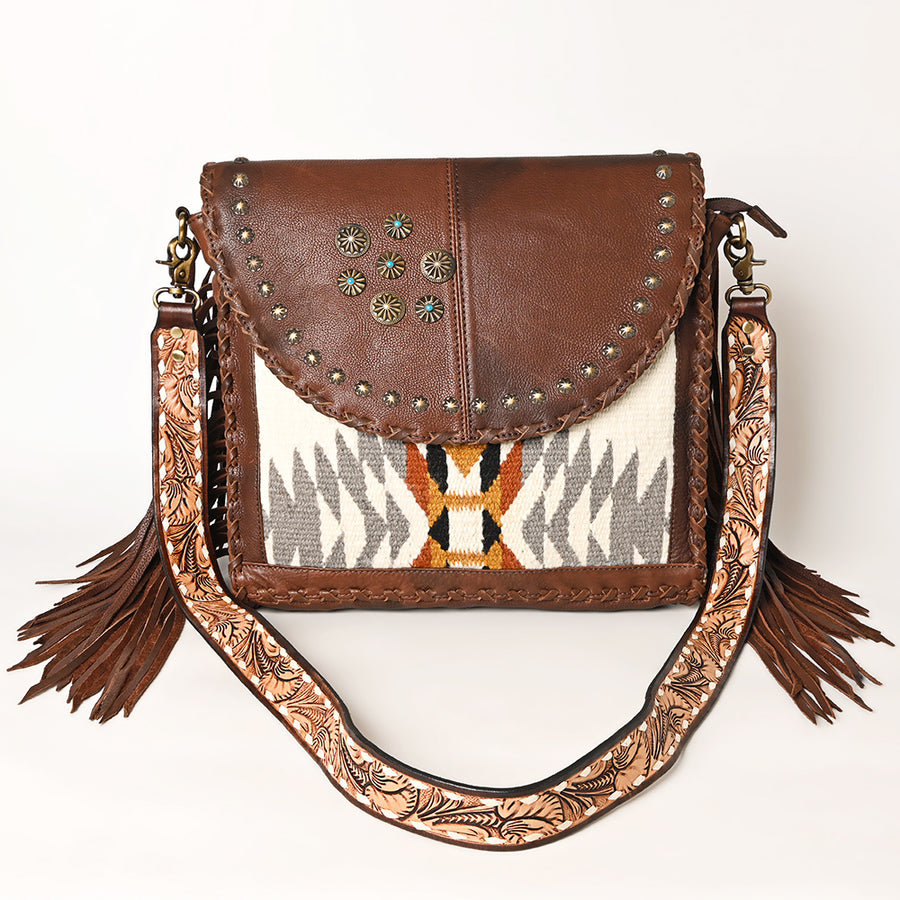American Darling Western Leather Cross body Bag - Full Grain Leather Hand Woven Saddle Blanket Hand Tooled Floral Purse