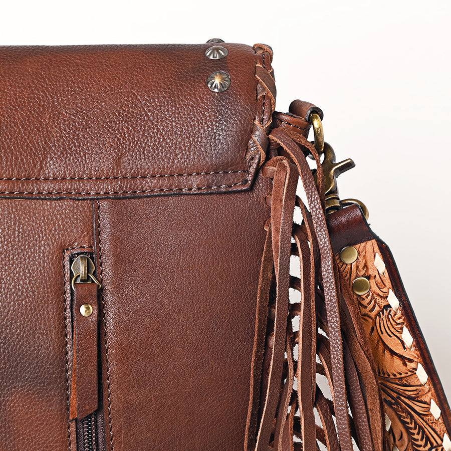 American Darling Western Leather Cross body Bag - Full Grain Leather Hand Woven Saddle Blanket Hand Tooled Floral Purse