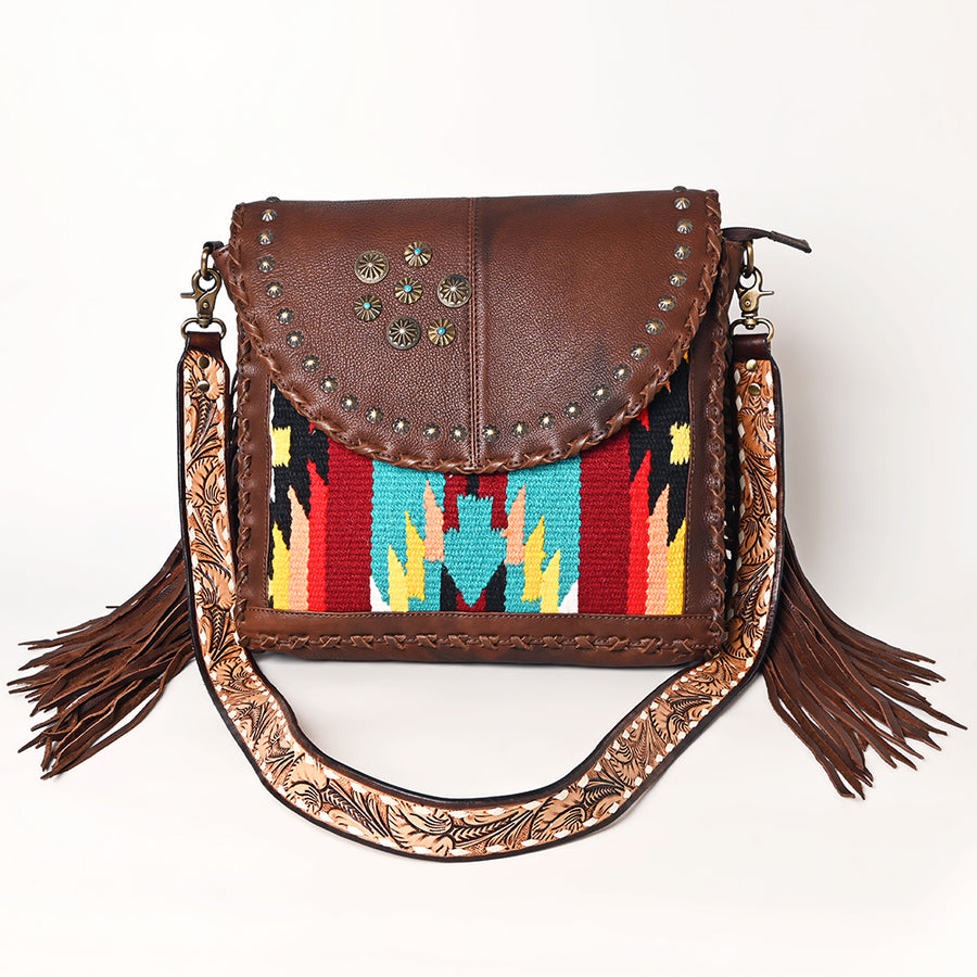 American Darling Western Leather Cross body Bag - Full Grain Leather Hand Woven Saddle Blanket Hand Tooled Floral Purse
