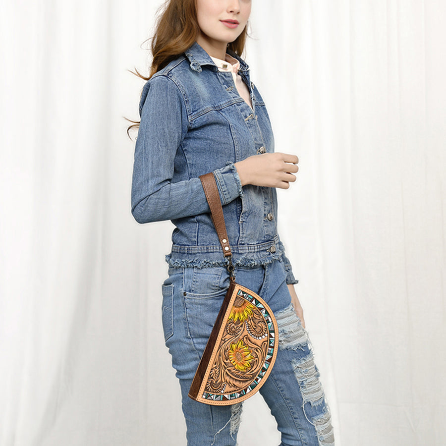 American Darling Hand-Tooled Genuine Leather Taco Bag – Floral Carved Western Wristlet with Secure Storage – Premium Artisan Craftsmanship