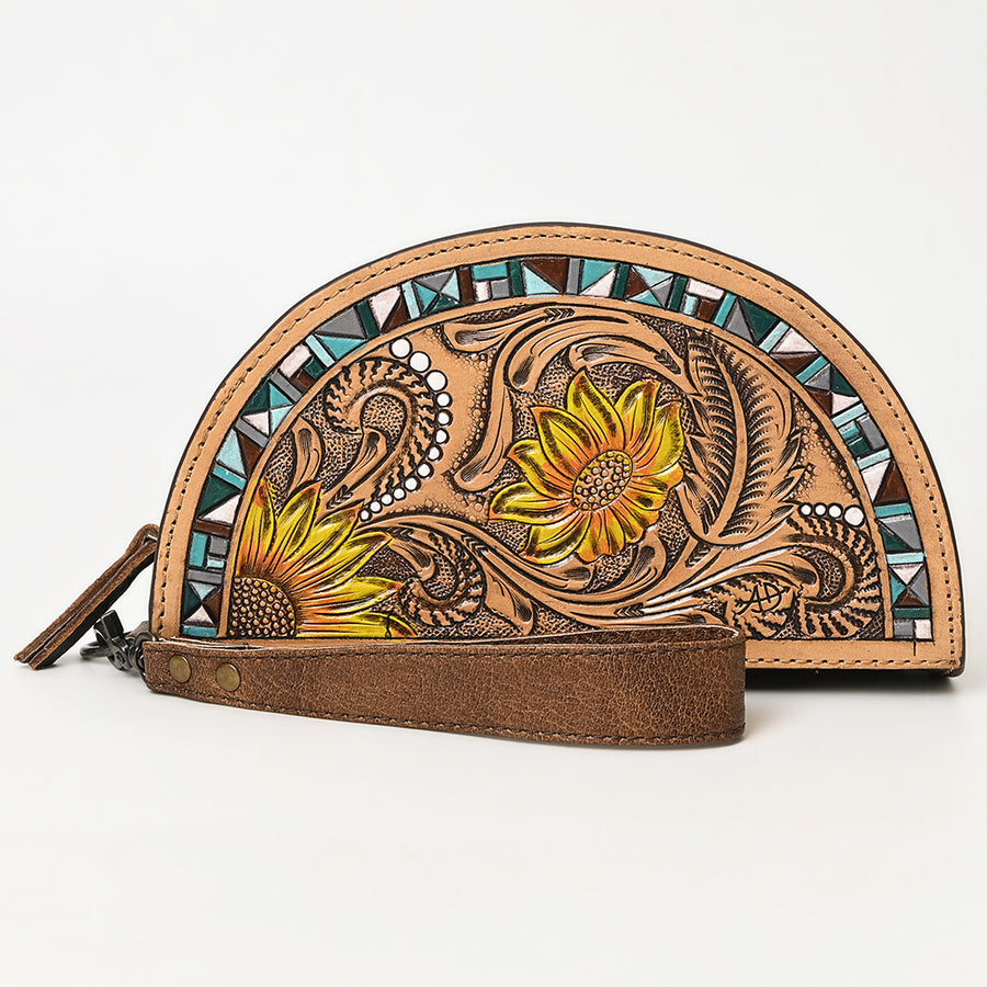 American Darling Hand-Tooled Genuine Leather Taco Bag – Floral Carved Western Wristlet with Secure Storage – Premium Artisan Craftsmanship