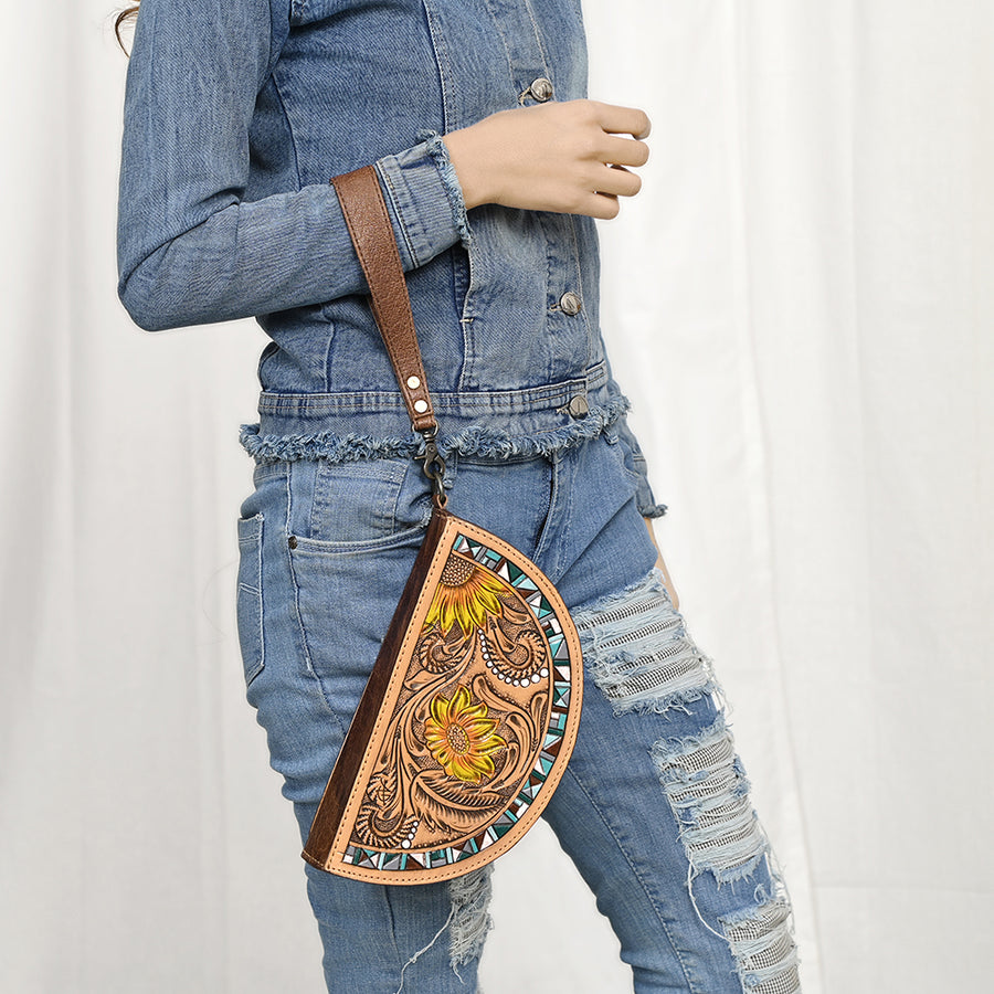 American Darling Hand-Tooled Genuine Leather Taco Bag – Floral Carved Western Wristlet with Secure Storage – Premium Artisan Craftsmanship
