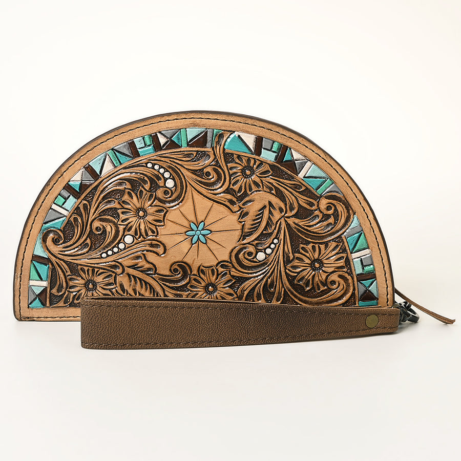 American Darling Hand-Tooled Genuine Leather Taco Bag – Floral Carved Western Wristlet with Secure Storage – Premium Artisan Craftsmanship