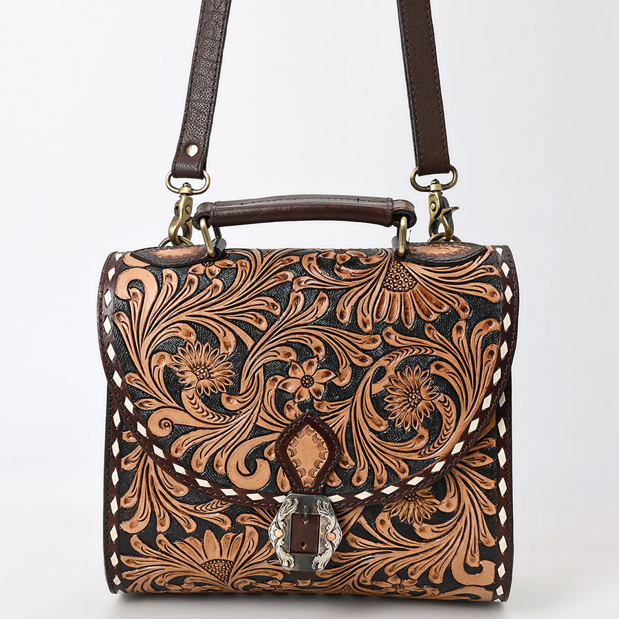 American Darling Western Leather Messenger Bag - Eco-Friendly Vegetable Tanned Full Grain Leather Hand Tooled Floral Carved Purse