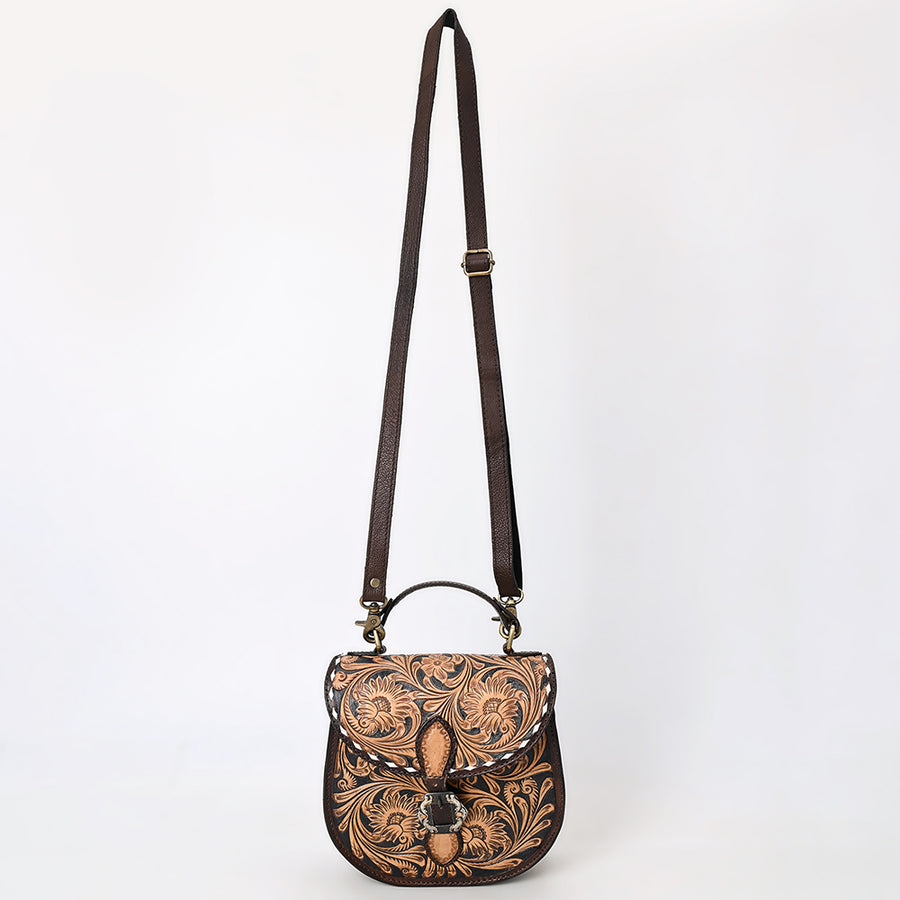 American Darling Western Leather Small Cross body Bag - Eco-Friendly Vegetable Tanned Full Grain Leather Hand Tooled Floral Carved Purse