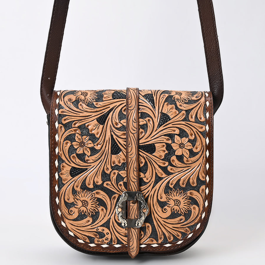American Darling Western Leather Small Cross body Bag - Eco-Friendly Vegetable Tanned Full Grain Leather Hand Tooled Floral Carved Purse