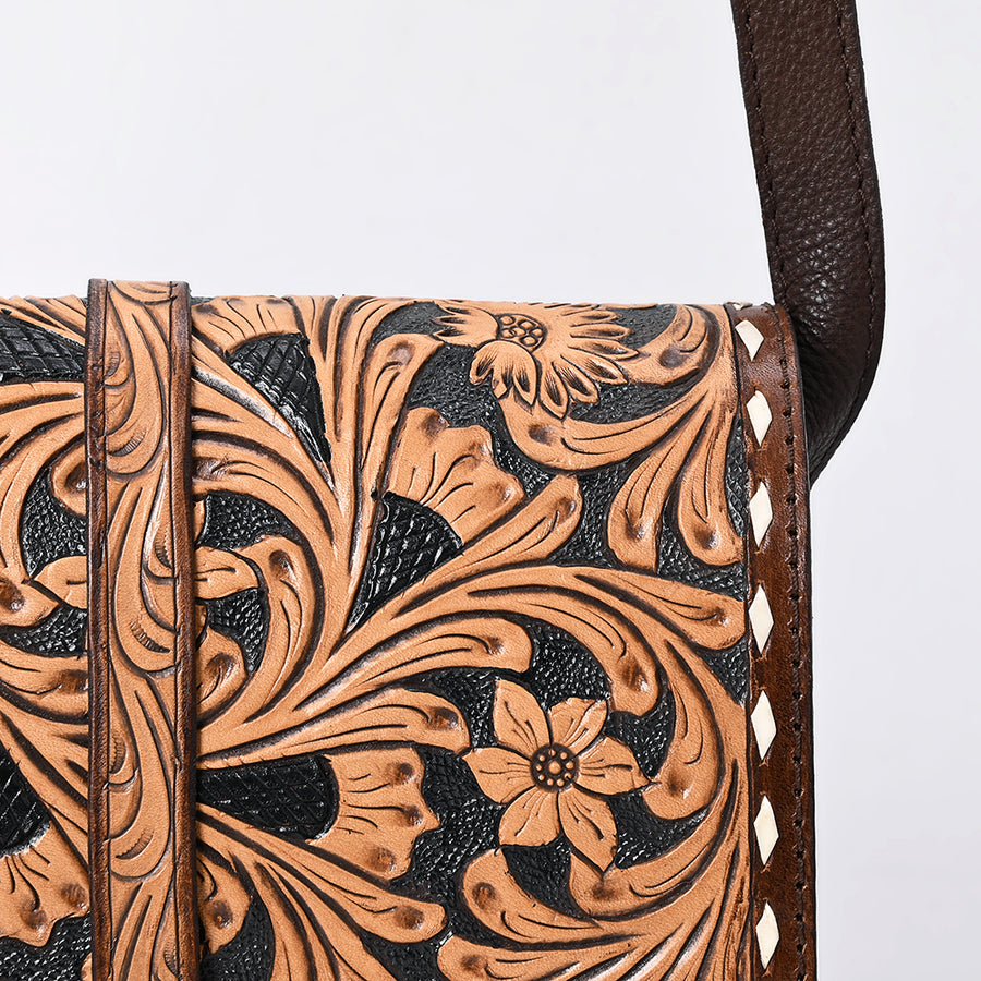 American Darling Western Leather Small Cross body Bag - Eco-Friendly Vegetable Tanned Full Grain Leather Hand Tooled Floral Carved Purse