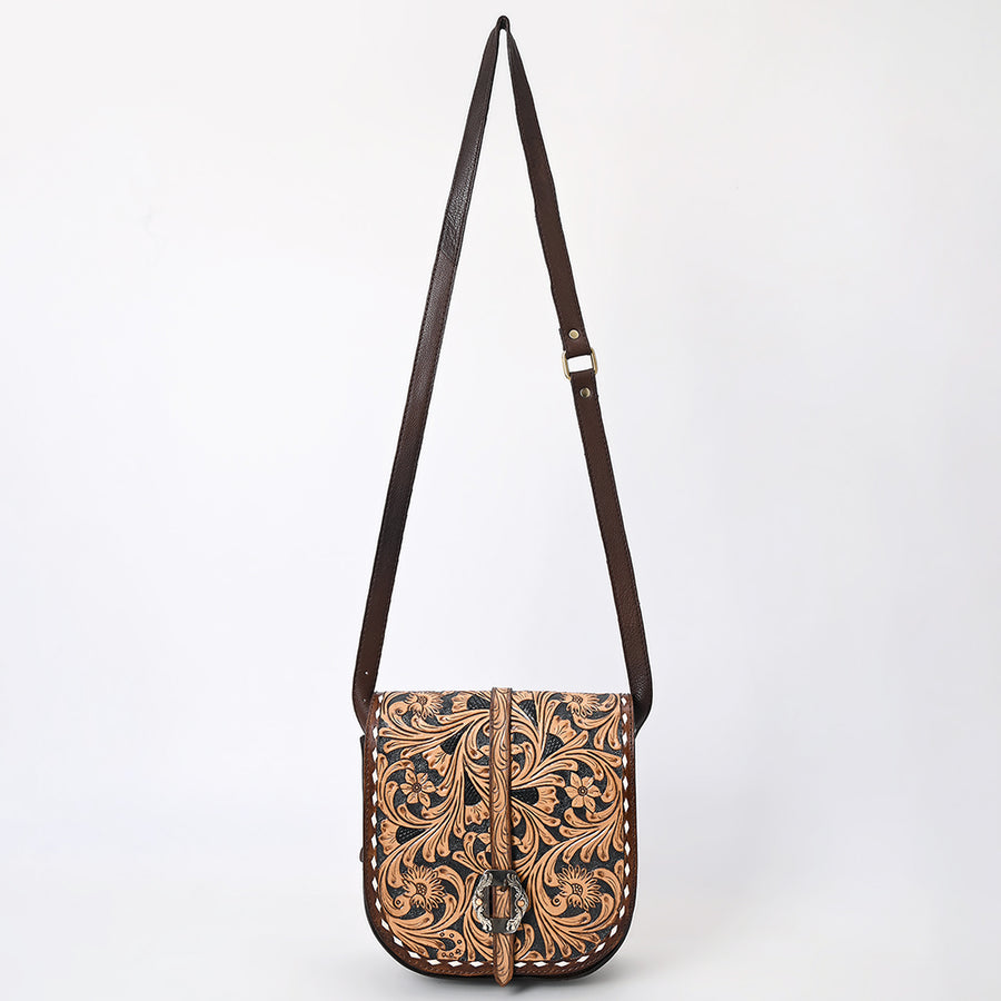 American Darling Western Leather Small Cross body Bag - Eco-Friendly Vegetable Tanned Full Grain Leather Hand Tooled Floral Carved Purse