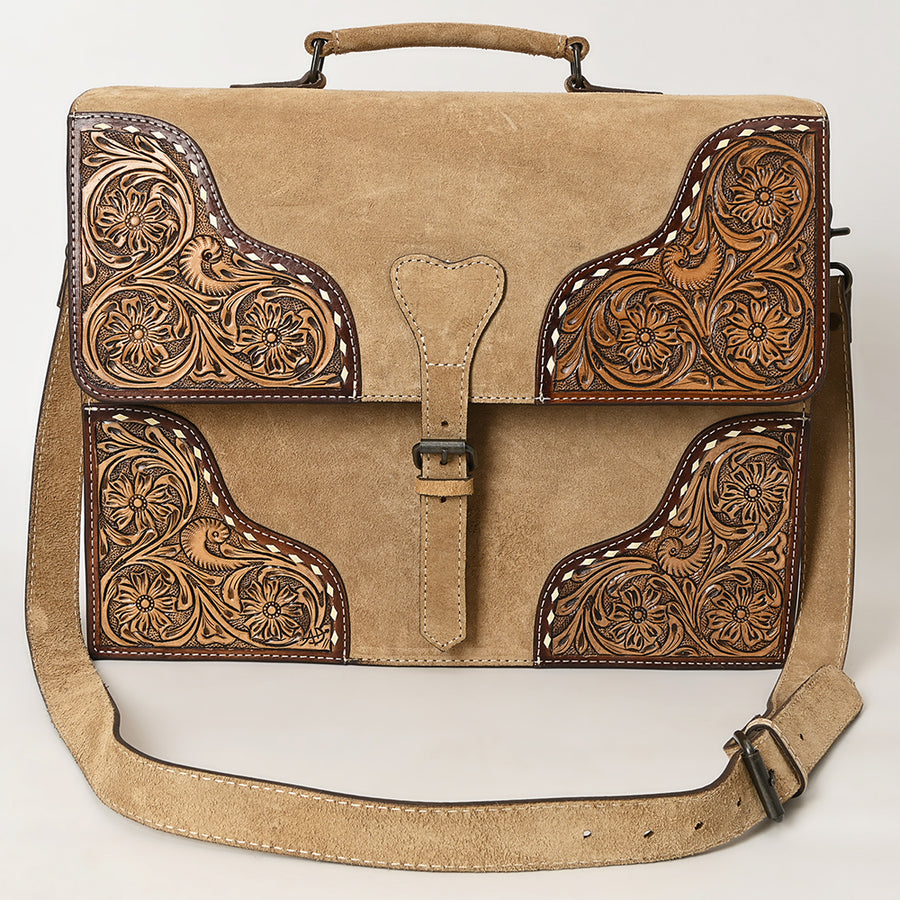 American Darling Hand-Tooled Genuine Suede Leather Western Briefcase – Buckstitch Floral Carved Work Bag with Multiple Compartments – Premium Artisan Craft