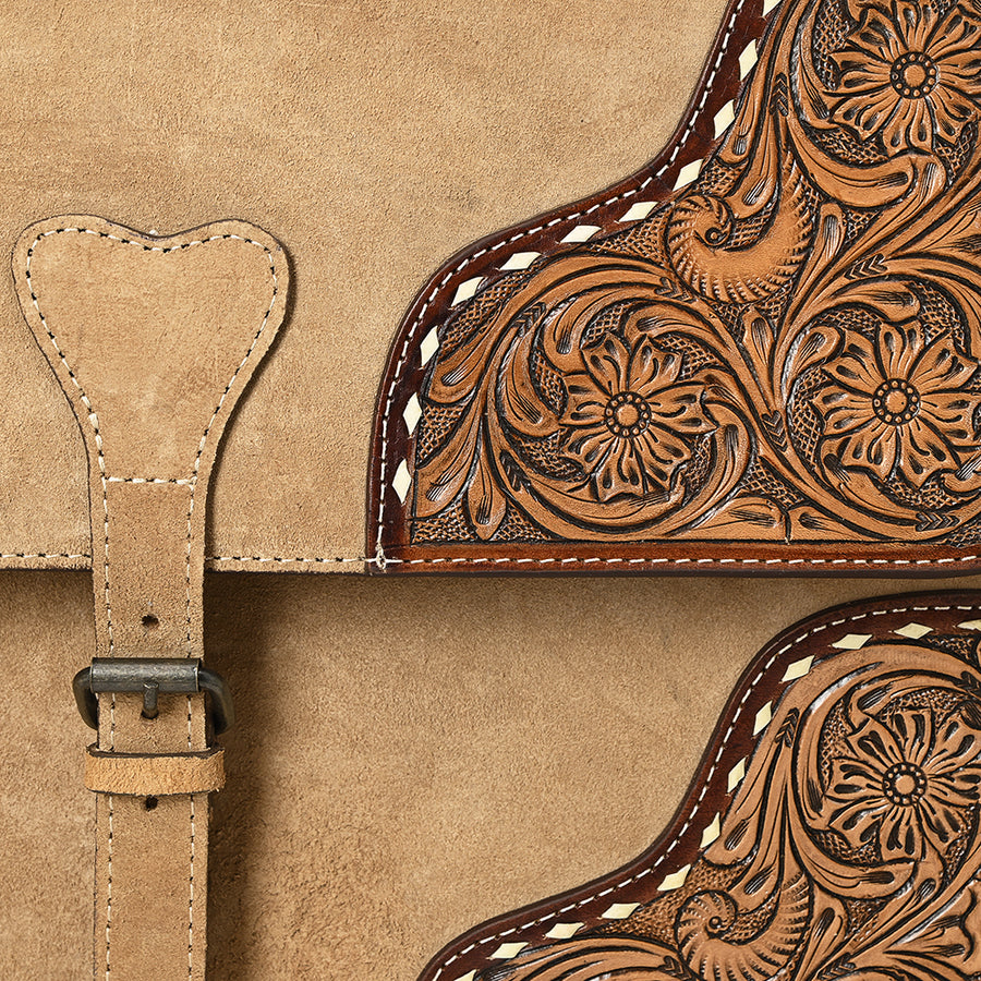 American Darling Hand-Tooled Genuine Suede Leather Western Briefcase – Buckstitch Floral Carved Work Bag with Multiple Compartments – Premium Artisan Craft