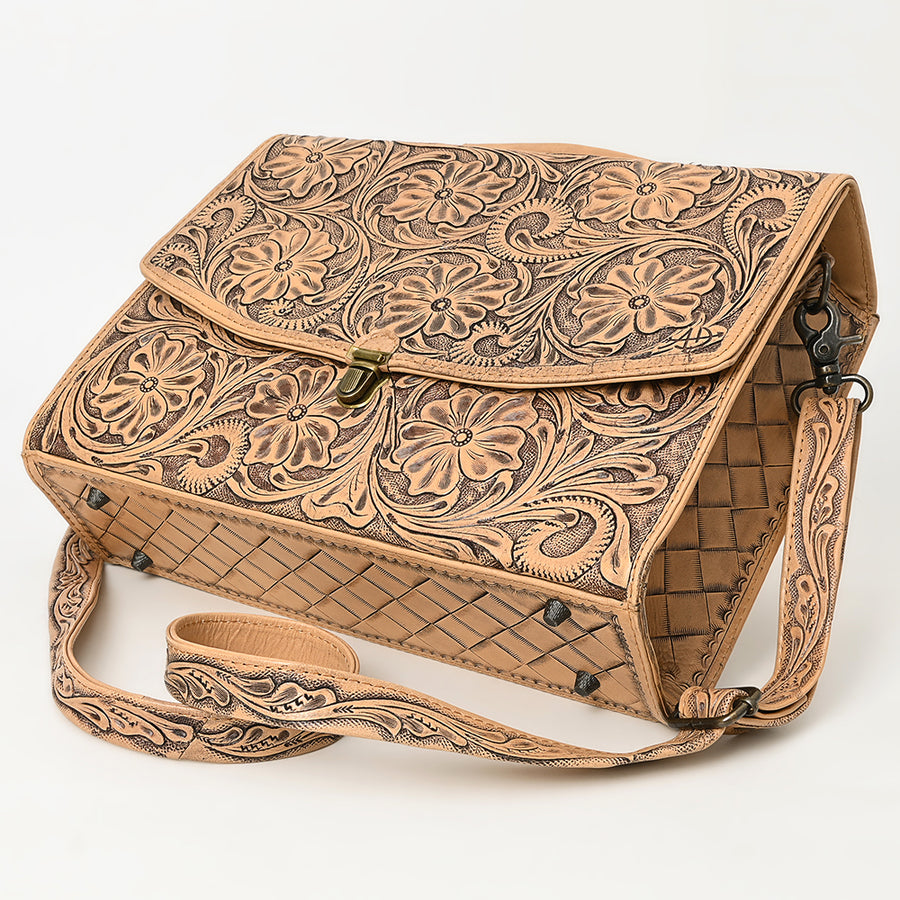 American Darling Western Hand-Tooled Leather Briefcase Bag – Floral Carved Genuine Leather Work Bag with Strap | Premium Artisan Craft
