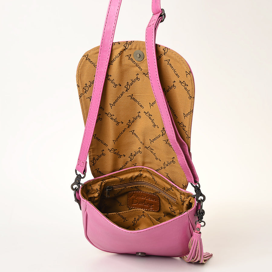 American Darling Hand-Tooled Western Leather Crossbody Bag with Tassel | Genuine Leather Pink Floral Carved Purse | 7in (H) X 8.5in (W) X 2in (D)