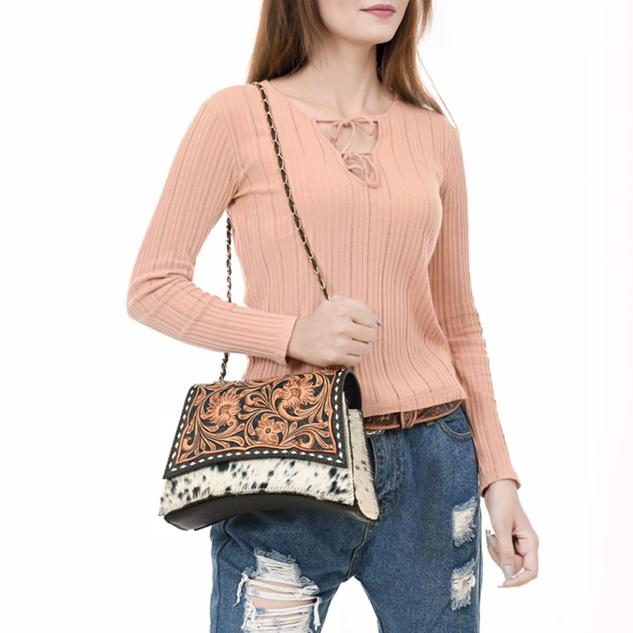 American Darling Western Leather Cross body Bag - Eco-Friendly Full Grain Leather Hand Tooled Floral Carved Hair-On Cowhide Purse