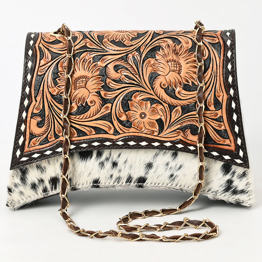 American Darling Western Leather Cross body Bag - Eco-Friendly Full Grain Leather Hand Tooled Floral Carved Hair-On Cowhide Purse