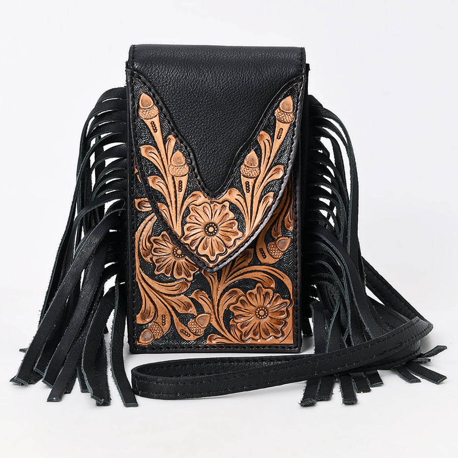 American Darling Western Leather Cell Phone Holder - Eco-Friendly Full Grain Leather Hand Tooled Floral Carved Fringe Case