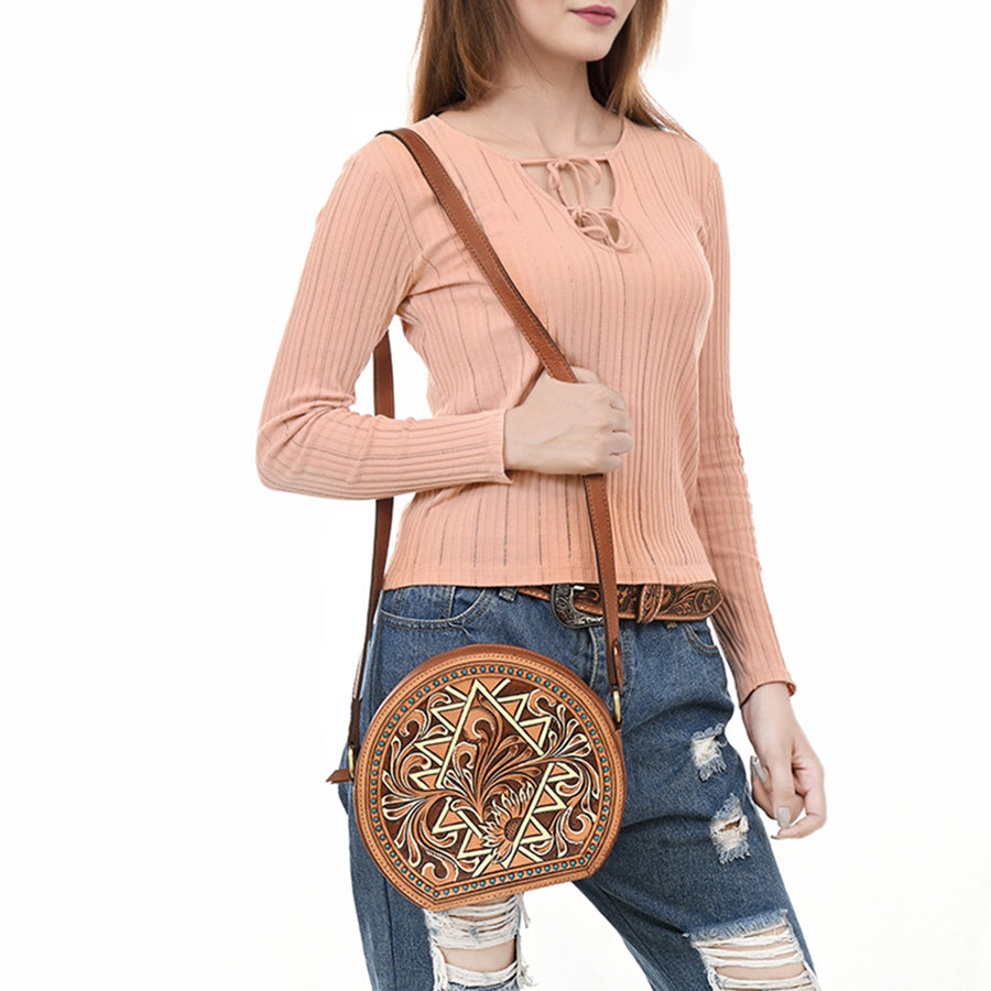 American Darling Western Leather Canteen Bag - Eco-Friendly Vegetable Tanned Full Grain Leather Hand Tooled Floral Carved Purse