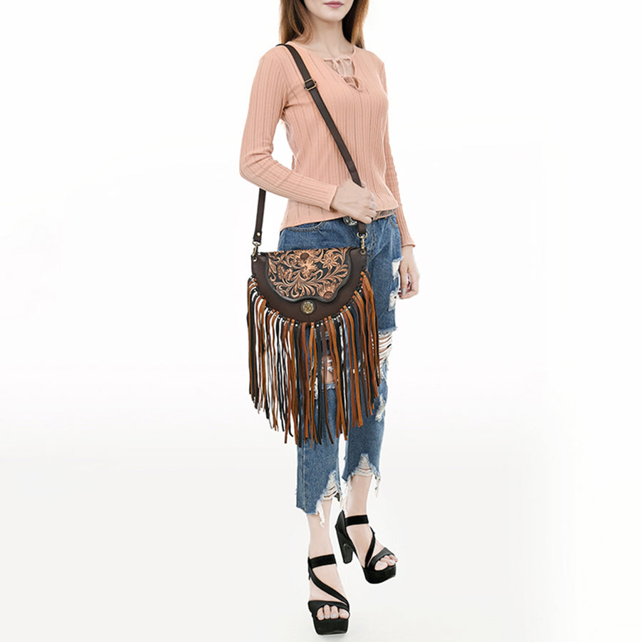 American Darling Western Leather Small Cross body Bag - Eco-Friendly Full Grain Leather Hand Tooled Floral Purse With Fringes