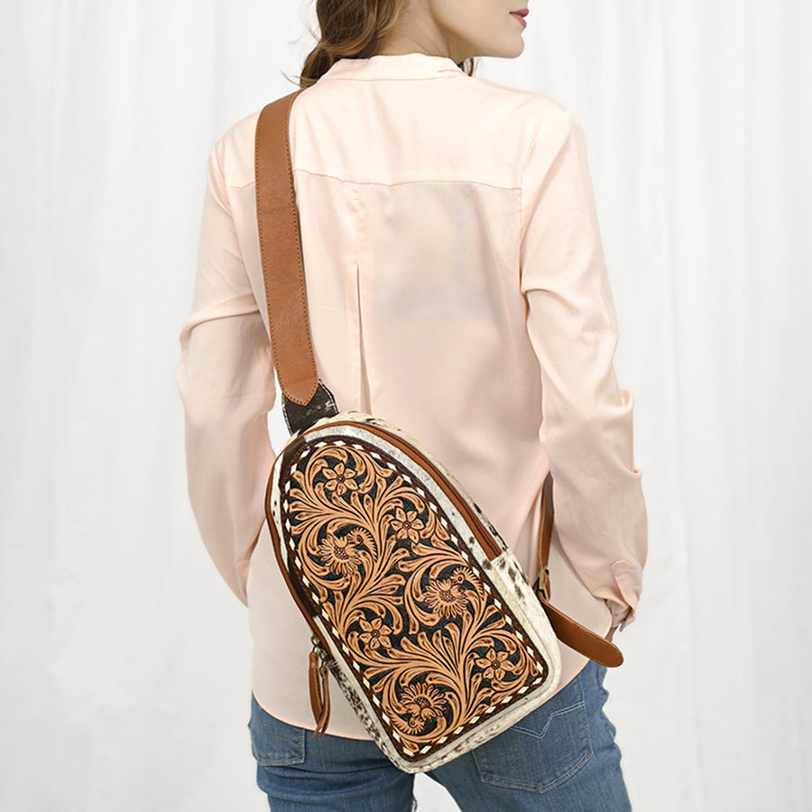 American Darling Western Leather Sling Bag - Eco-Friendly Full Grain Leather Hand Tooled Floral Carved Hair-On Cowhide Purse