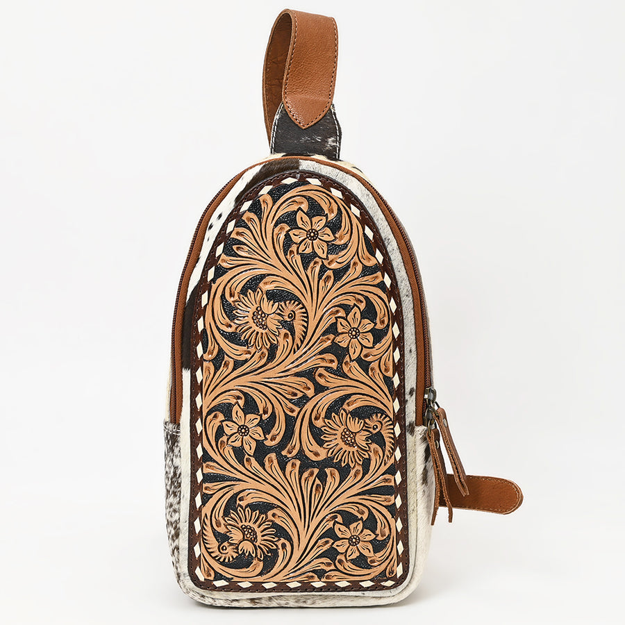 American Darling Western Leather Sling Bag - Eco-Friendly Full Grain Leather Hand Tooled Floral Carved Hair-On Cowhide Purse