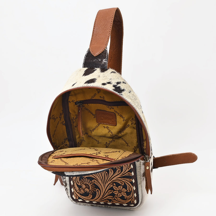 American Darling Western Leather Sling Bag - Eco-Friendly Full Grain Leather Hand Tooled Floral Carved Hair-On Cowhide Purse
