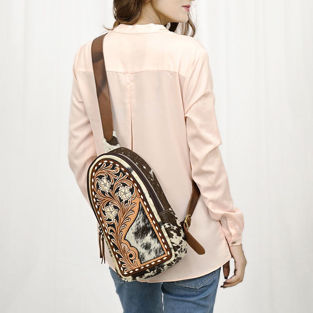 American Darling Sling Hand Tooled Hair On Genuine Leather Women Bag Western Handbag Purse