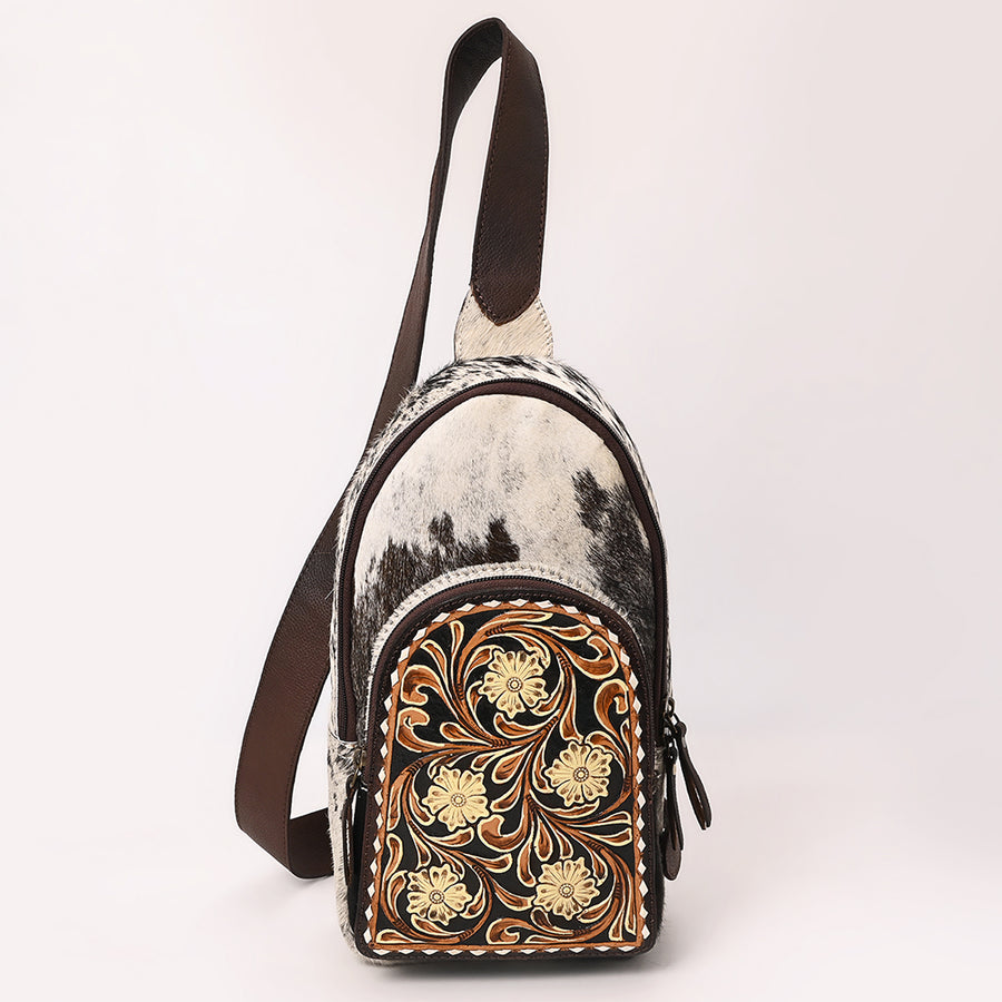 American Darling Hand Tooled Floral Carved Hair-On Cowhide Sling Bag Eco-Friendly Genuine Leather Western Crossbody