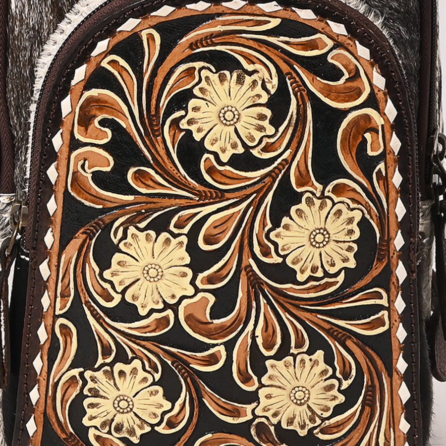 American Darling Hand Tooled Floral Carved Hair-On Cowhide Sling Bag Eco-Friendly Genuine Leather Western Crossbody