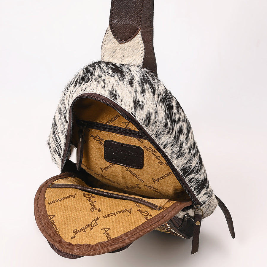 American Darling Hand Tooled Floral Carved Hair-On Cowhide Sling Bag Eco-Friendly Genuine Leather Western Crossbody