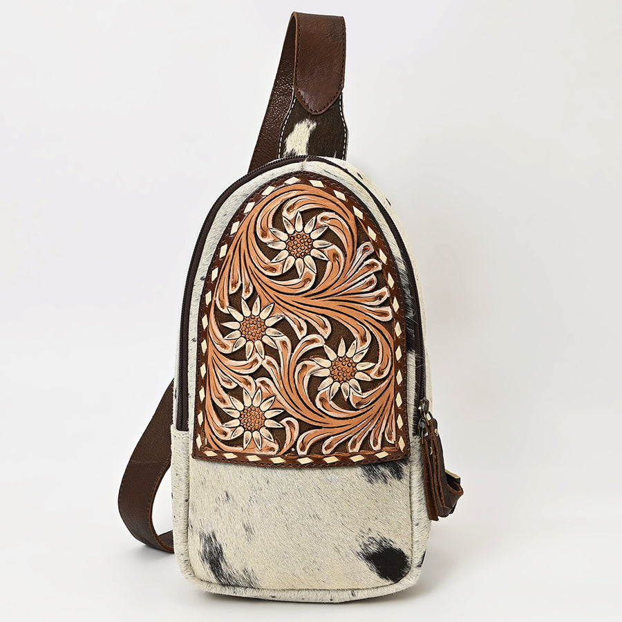 American Darling Hand Tooled Floral Carved Hair-On Cowhide Sling Bag Eco-Friendly Genuine Leather Western Crossbody