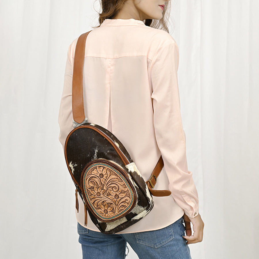 American Darling Hand Tooled Floral Carved Hair-On Cowhide Sling Bag Eco-Friendly Genuine Leather Western Crossbody