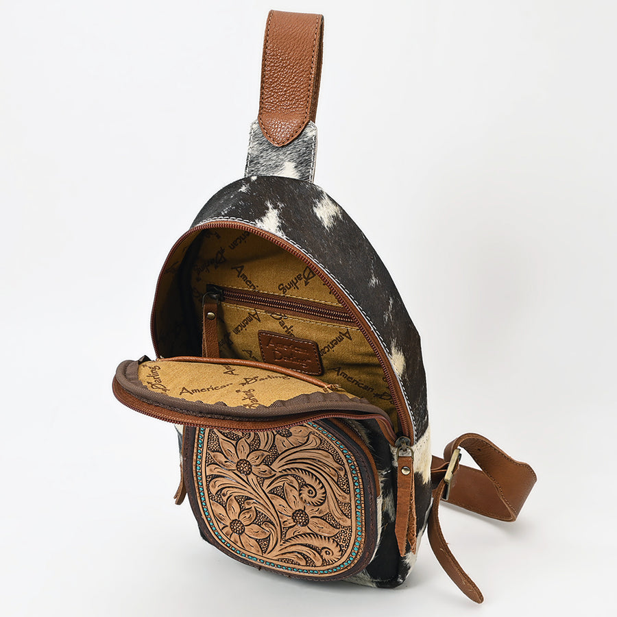 American Darling Hand Tooled Floral Carved Hair-On Cowhide Sling Bag Eco-Friendly Genuine Leather Western Crossbody