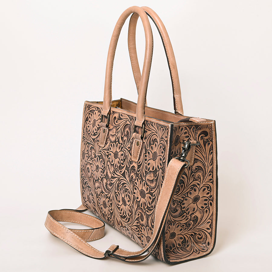 American Darling Western Tote Handcrafted from Genuine Leather | Tooled Sunflower & Turquoise Accents Crossbody Bag for Women