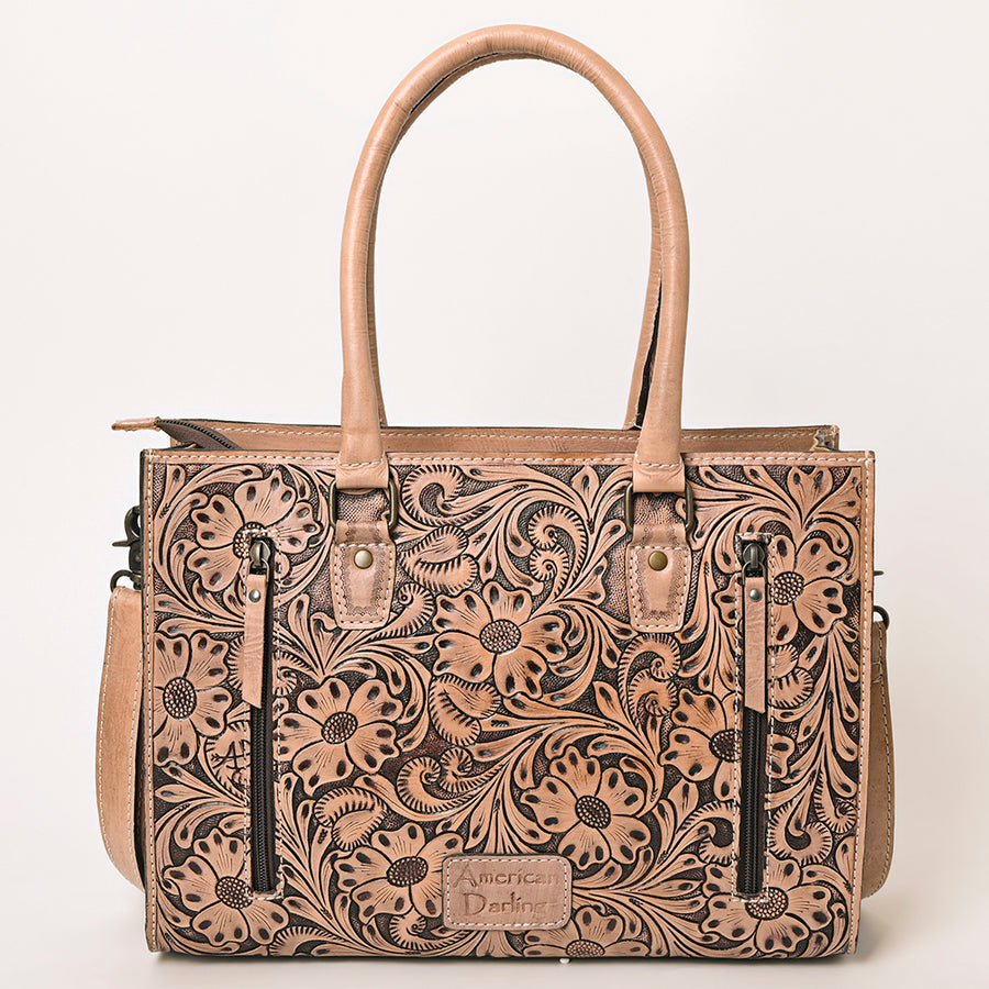 American Darling Western Tote Handcrafted from Genuine Leather | Tooled Sunflower & Turquoise Accents Crossbody Bag for Women