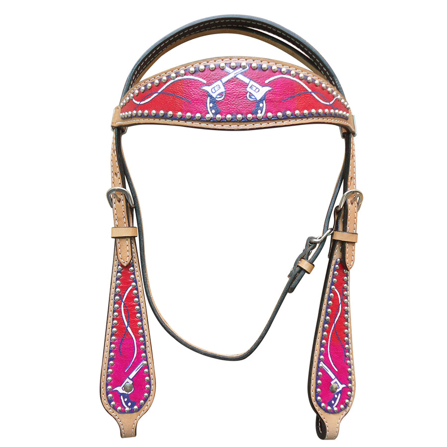 HILASON Western Horse Genuine American Leather Headstall & Breast Collar Set Red Cross Gun Printed